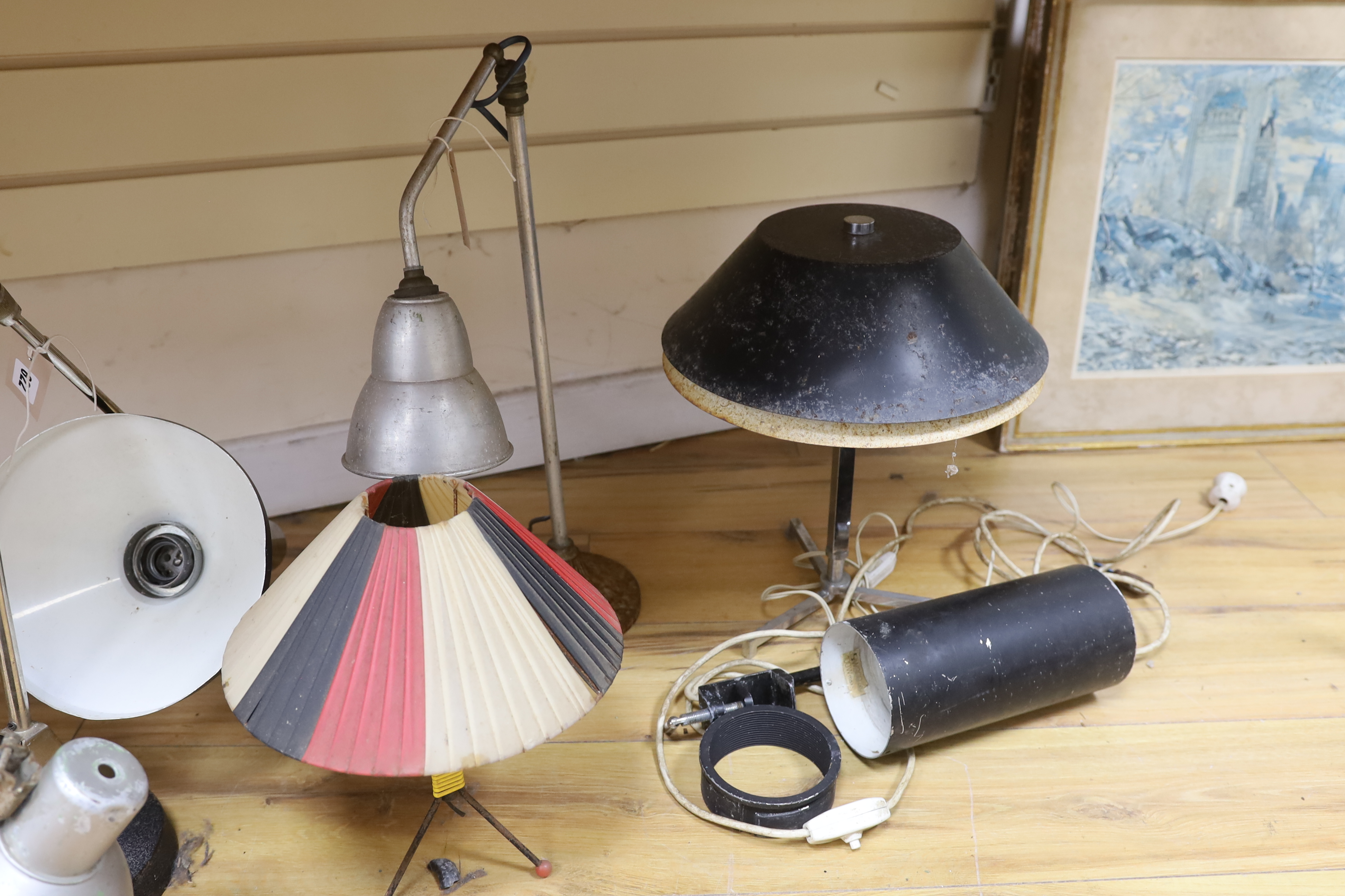 Three vintage metal industrial style desklamps, two table lamps and one other lamp